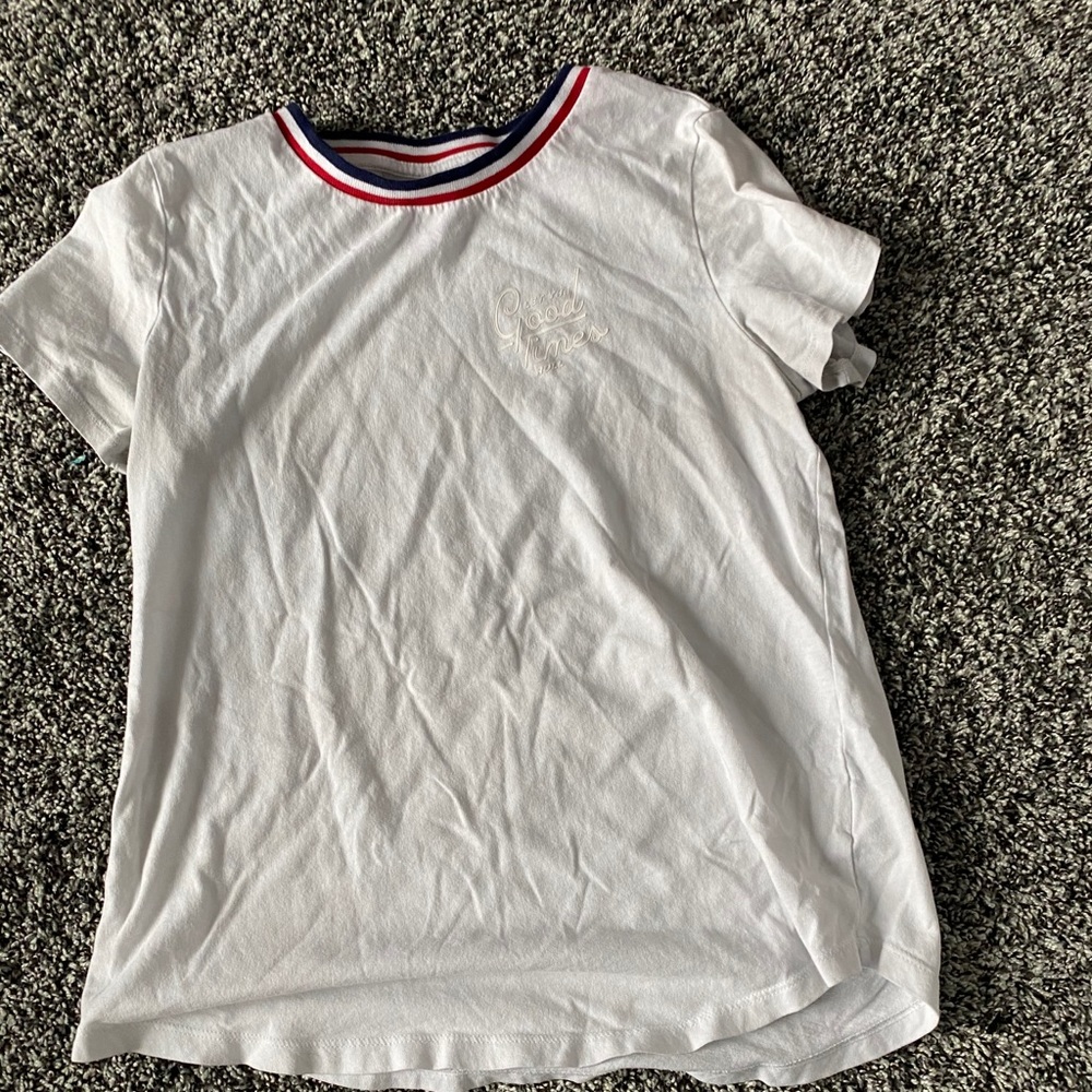 Old navy white shirt, let the good times roll logo